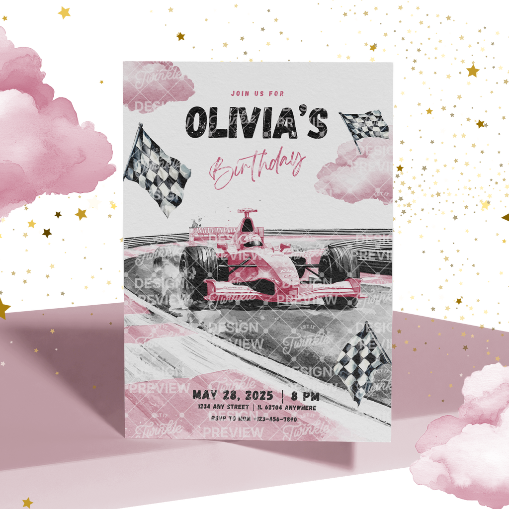 Race Car Birthday Invitation Template • Editable Canva Invitation • Pink & Gray