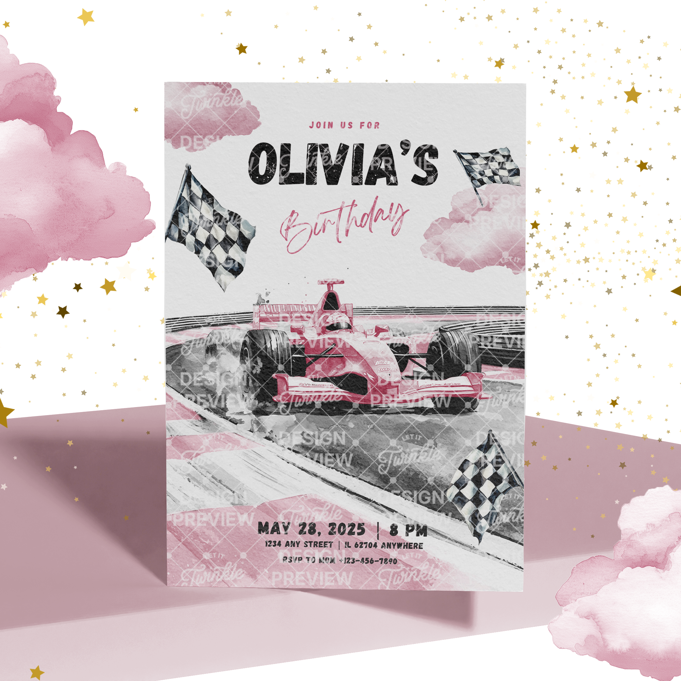 Race Car Birthday Invitation Template • Editable Canva Invitation • Pink & Gray