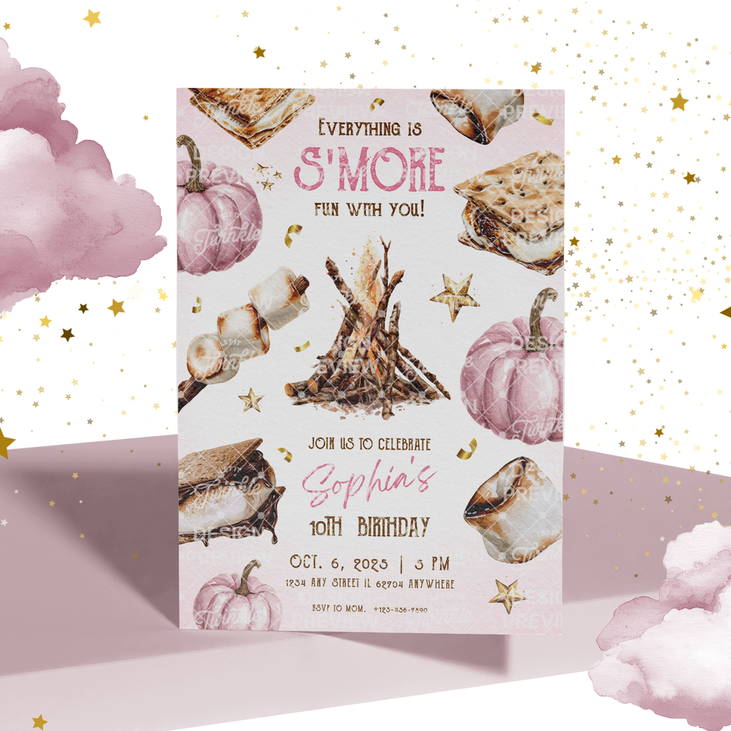 S'more Birthday Invitation Template • Editable Canva Invitation • Pink & Gold
