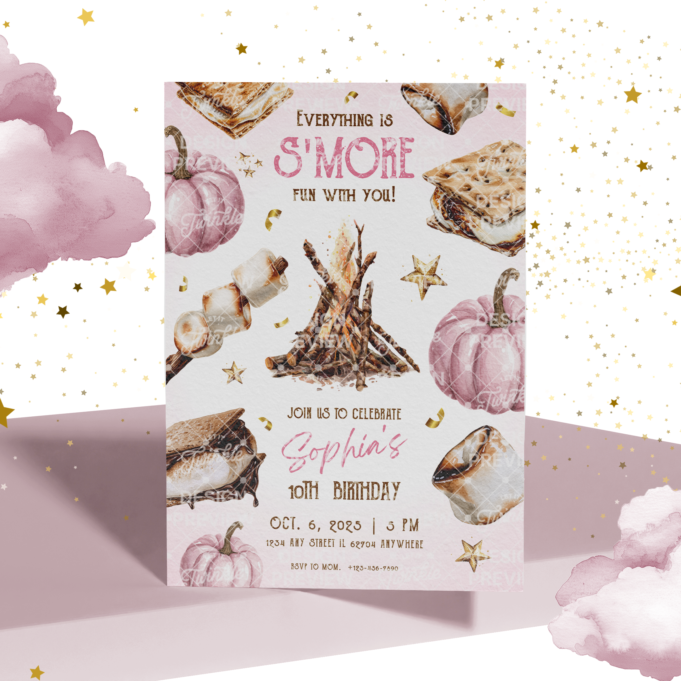 S'more Birthday Invitation Template • Editable Canva Invitation • Pink & Gold