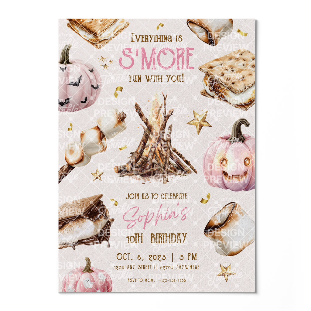 S'more Birthday Invitation Template • Editable Canva Invitation • Pink, Beige & Gold