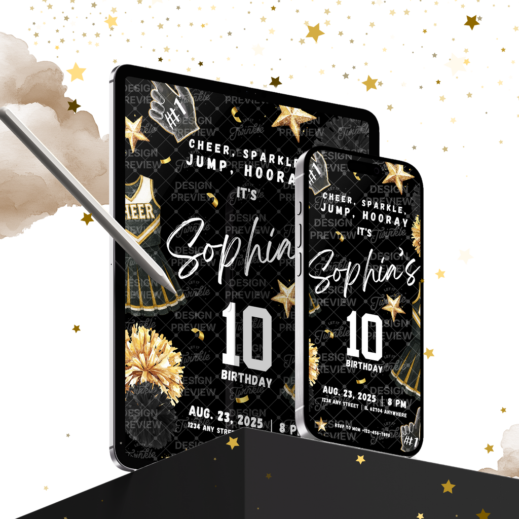 Cheerleader Birthday Invitation Template • Editable Canva Invitation • Black & Gold