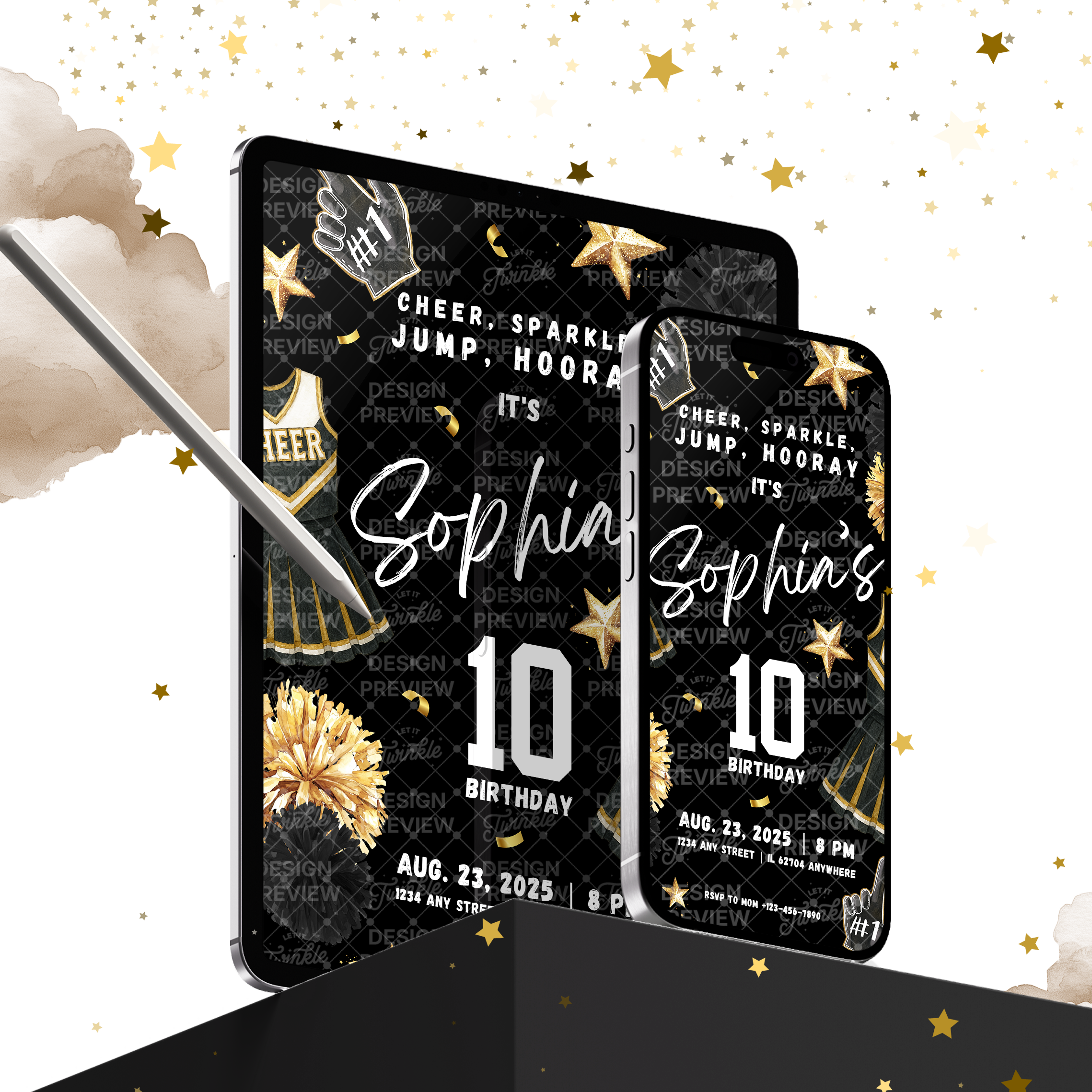 Cheerleader Birthday Invitation Template • Editable Canva Invitation • Black & Gold