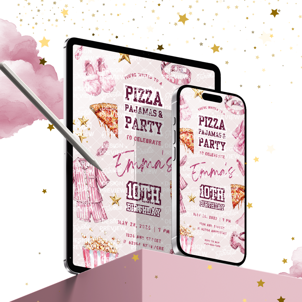Pizza Pajams Party Birthday Invitation Template • Editable Canva Invitation • Pink