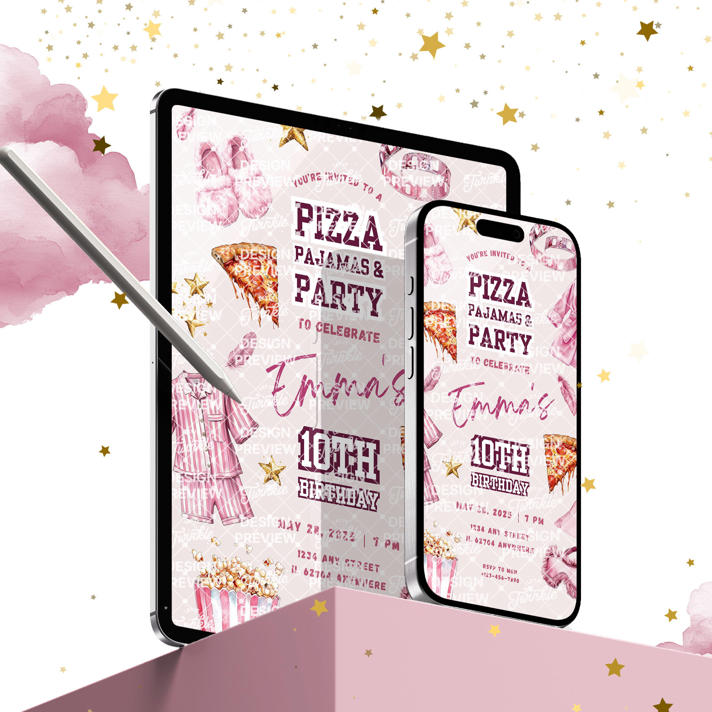 Pizza Pajams Party Birthday Invitation Template • Editable Canva Invitation • Pink