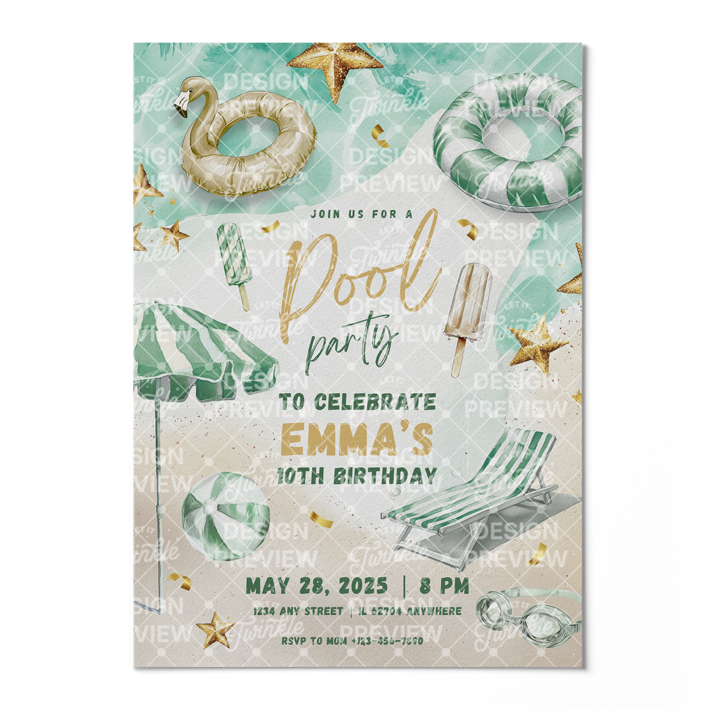 Pool Party Birthday Invitation Template • Editable Canva Invitation • Green & Gold