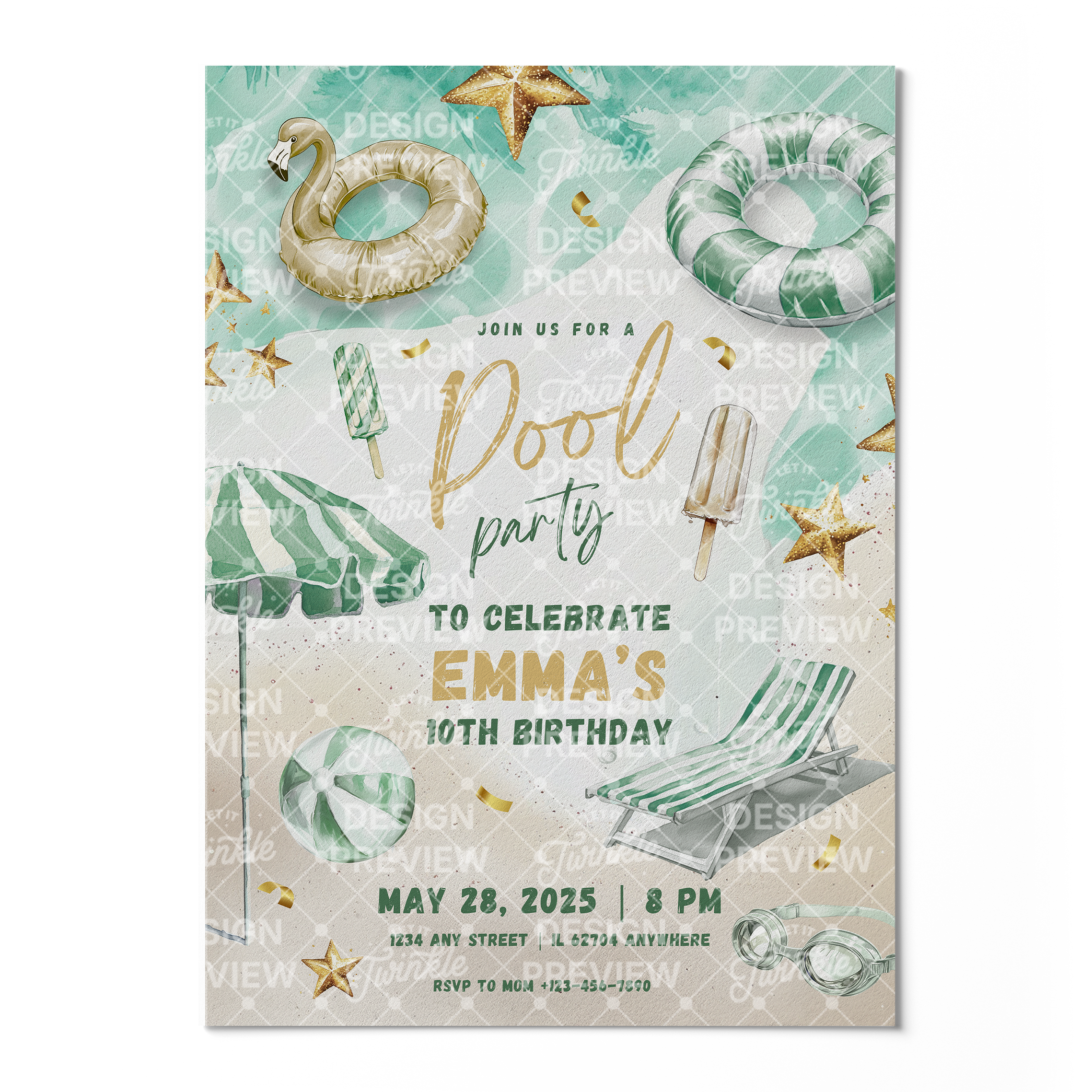 Pool Party Birthday Invitation Template • Editable Canva Invitation • Green & Gold