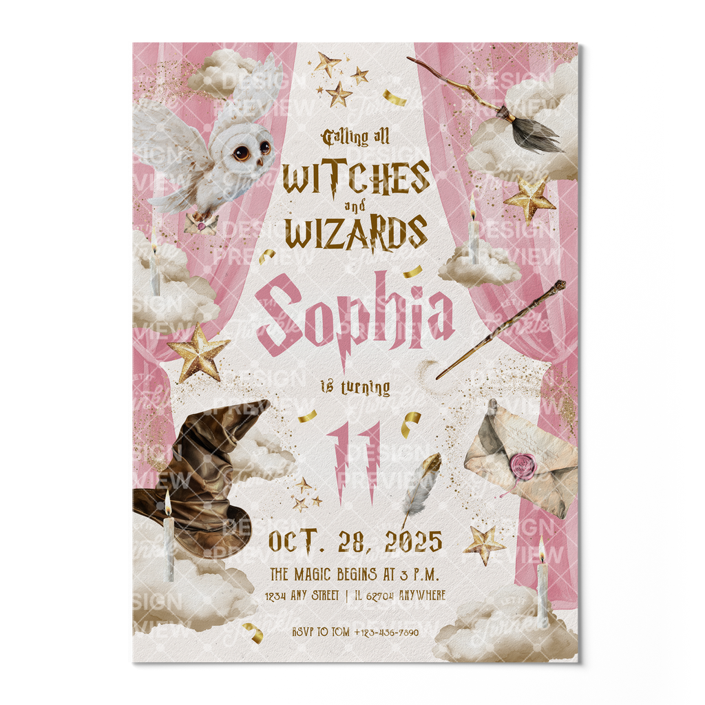Magical School Birthday Invitation Template • Editable Canva Invitation • Pink & Beige
