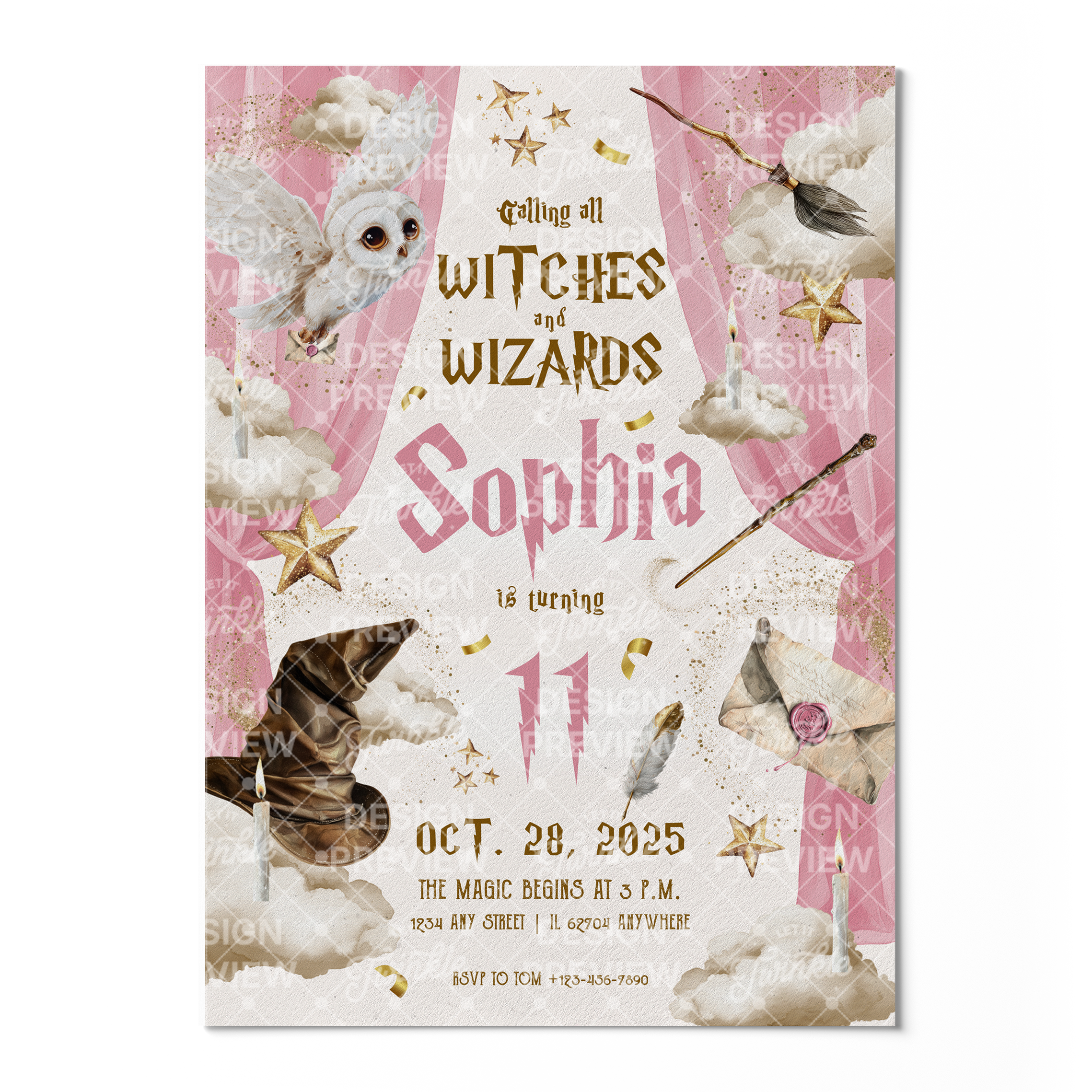 Magical School Birthday Invitation Template • Editable Canva Invitation • Pink & Beige