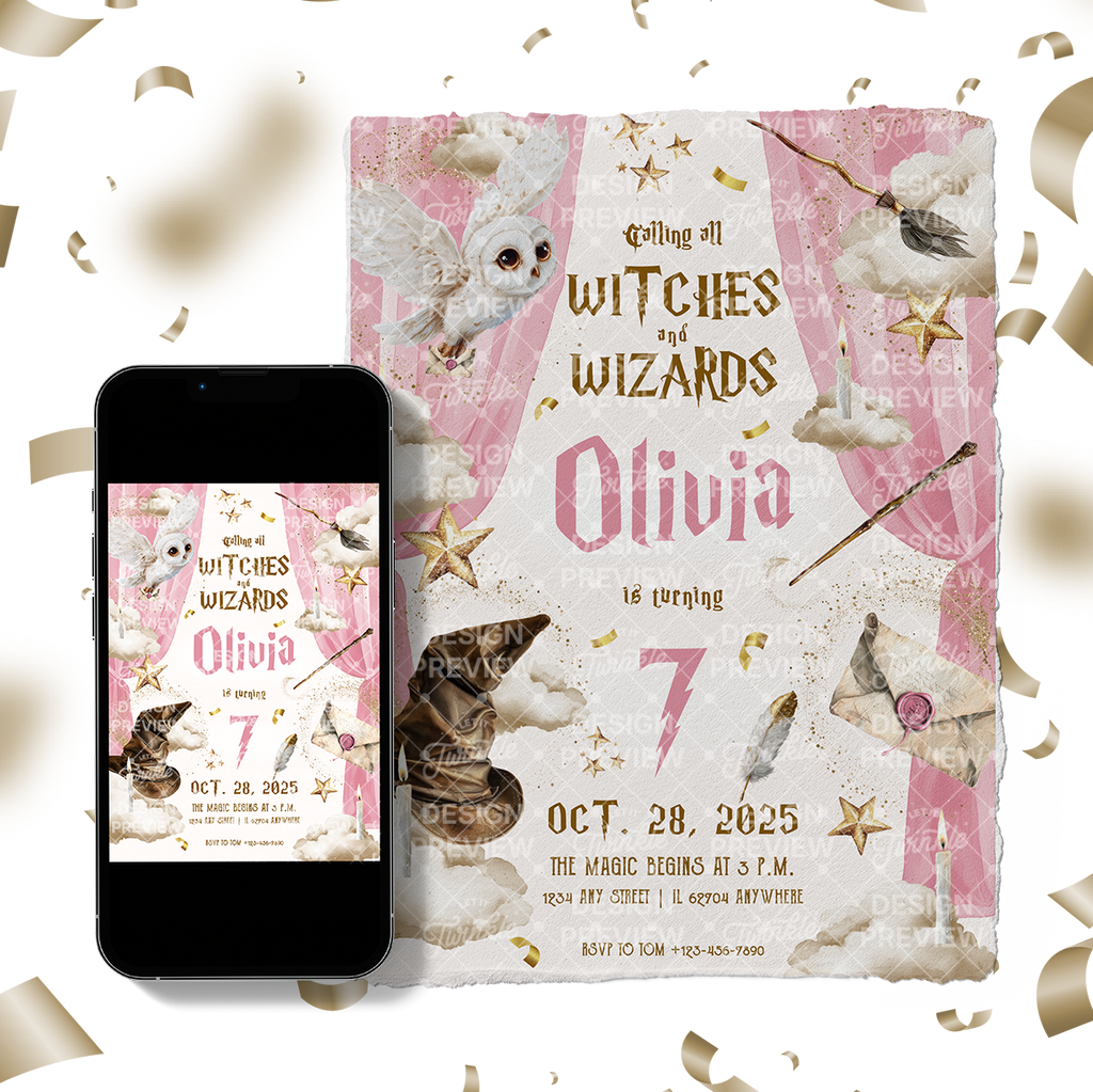 Magical School Birthday Invitation Template • Editable Canva Invitation • Pink & Beige