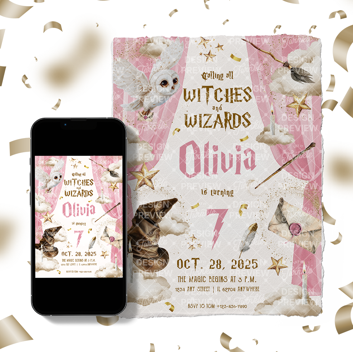 Magical School Birthday Invitation Template • Editable Canva Invitation • Pink & Beige
