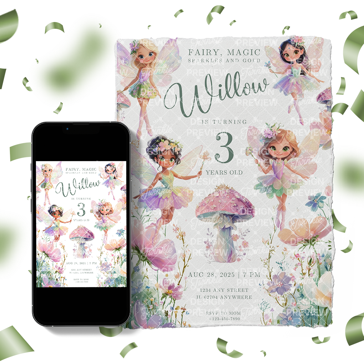 Fairy Birthday Invitation Template • Editable Canva Invitation • Pastel