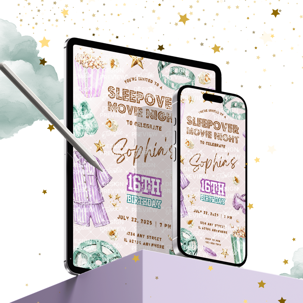 Sleepover Movie Night Birthday Invitation Template • Editable Canva Invitation • Purple & Turquoise