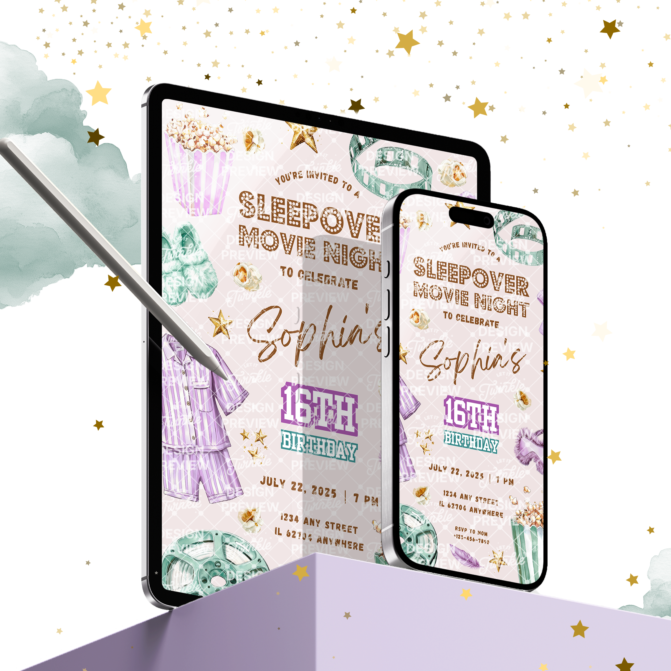 Sleepover Movie Night Birthday Invitation Template • Editable Canva Invitation • Purple & Turquoise