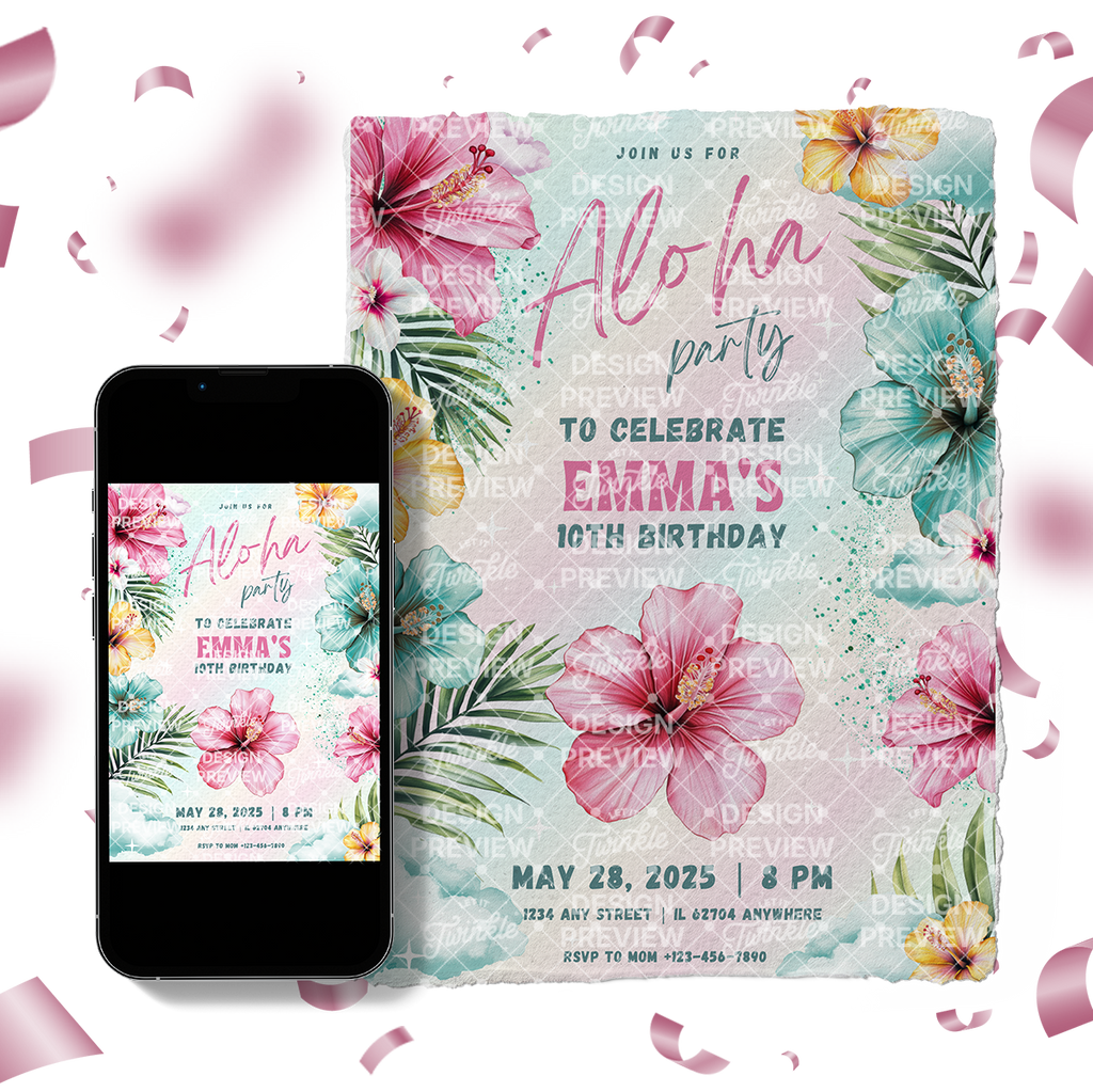 Aloha Birthday Invitation Template • Editable Canva Invitation • Pink & Turquoise