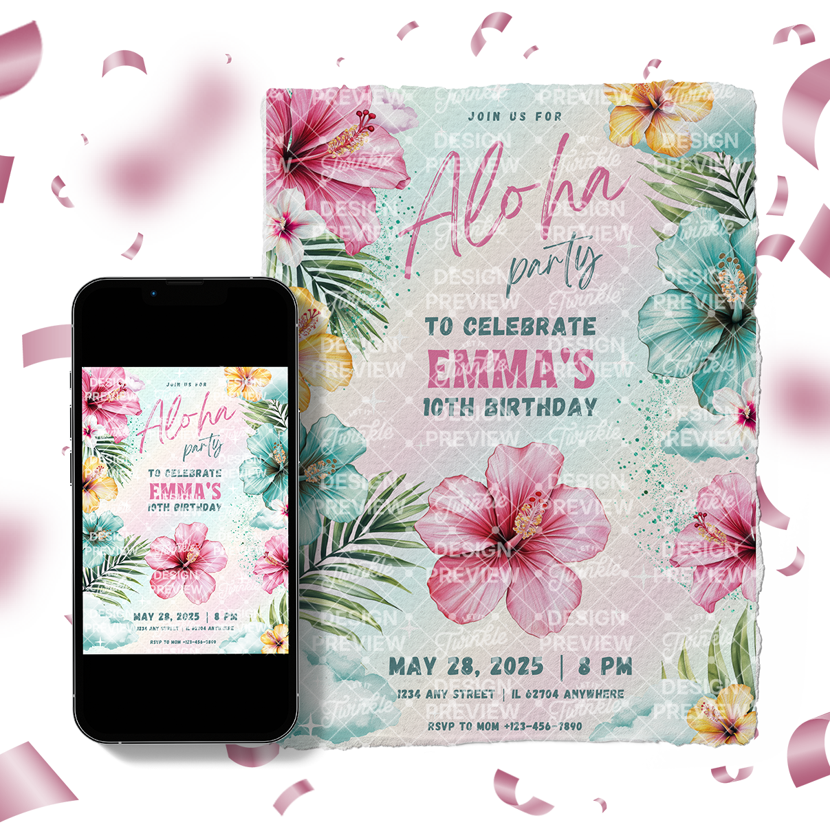 Aloha Birthday Invitation Template • Editable Canva Invitation • Pink & Turquoise