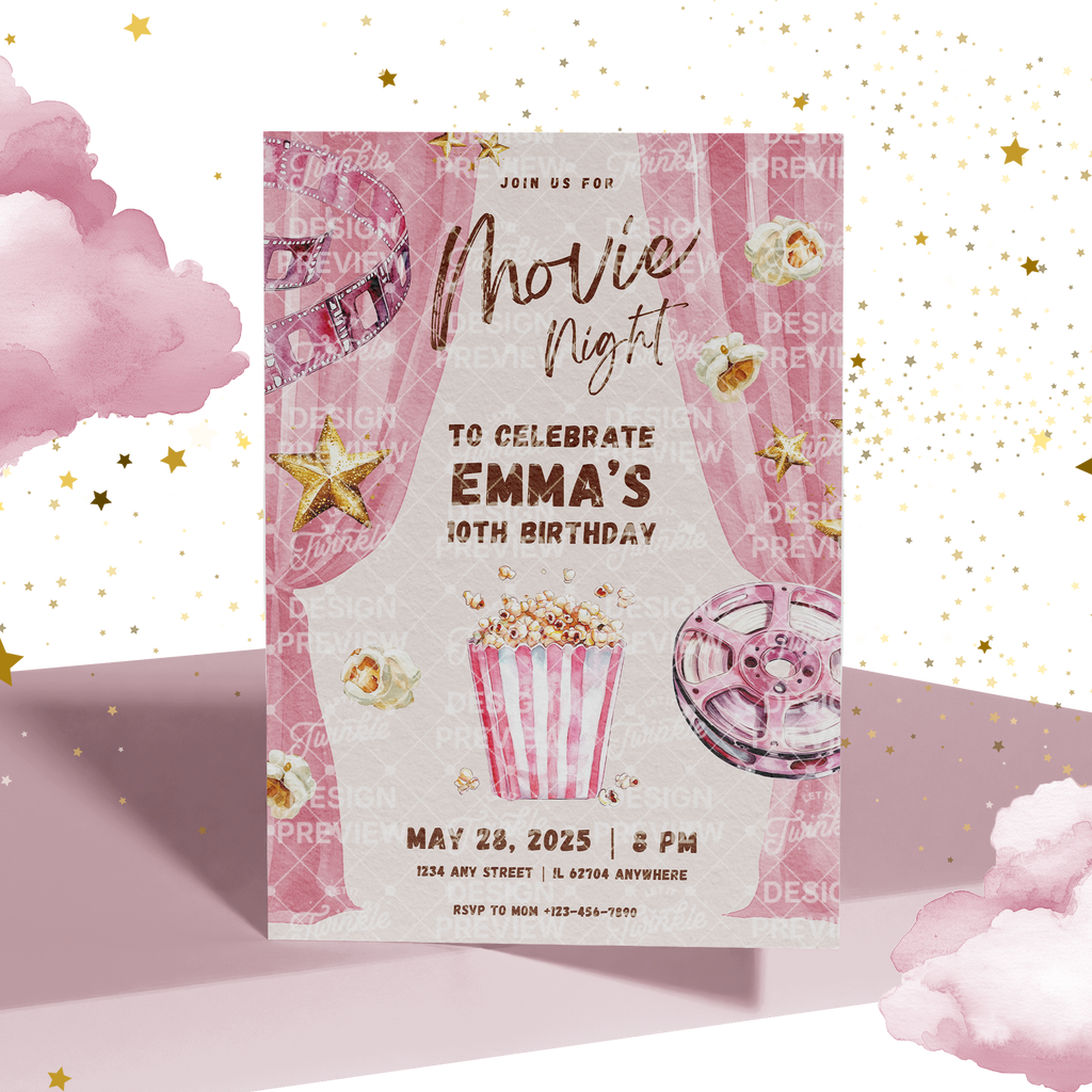 Movie Night Birthday Invitation Template • Editable Canva Invitation • Pink