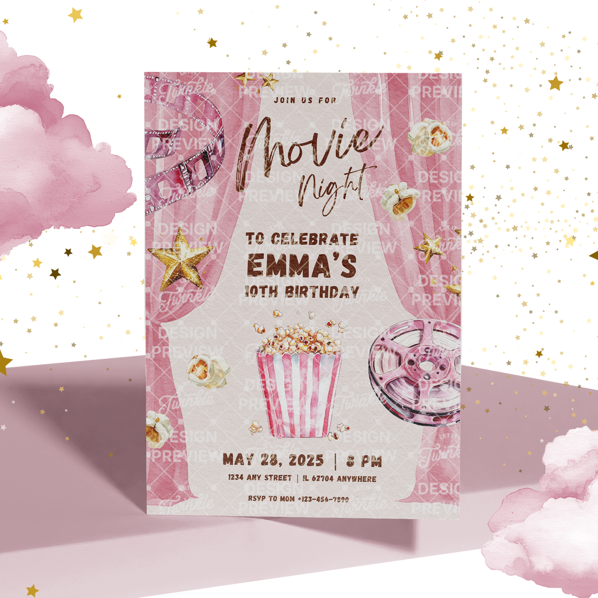 Movie Night Birthday Invitation Template • Editable Canva Invitation • Pink