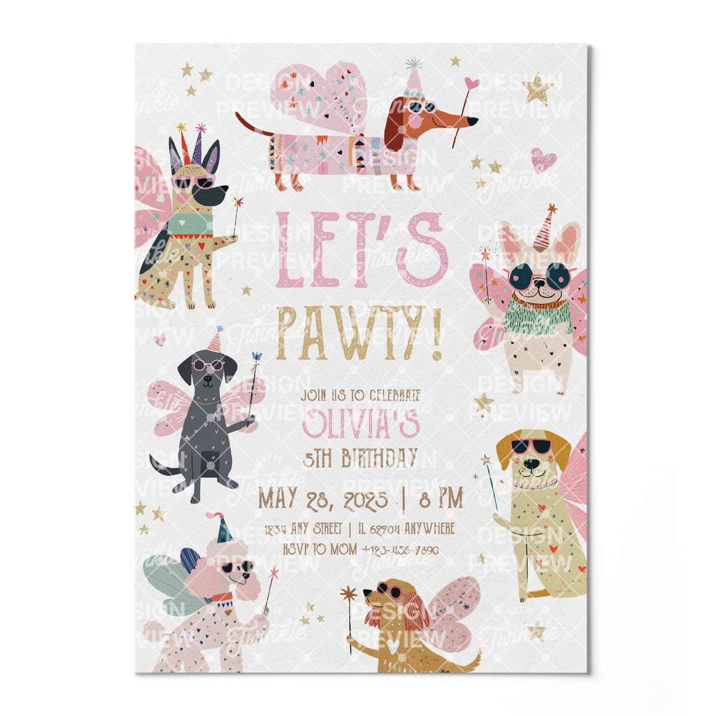 Let's Pawty Birthday Invitation Template • Editable Canva Invitation • Pink