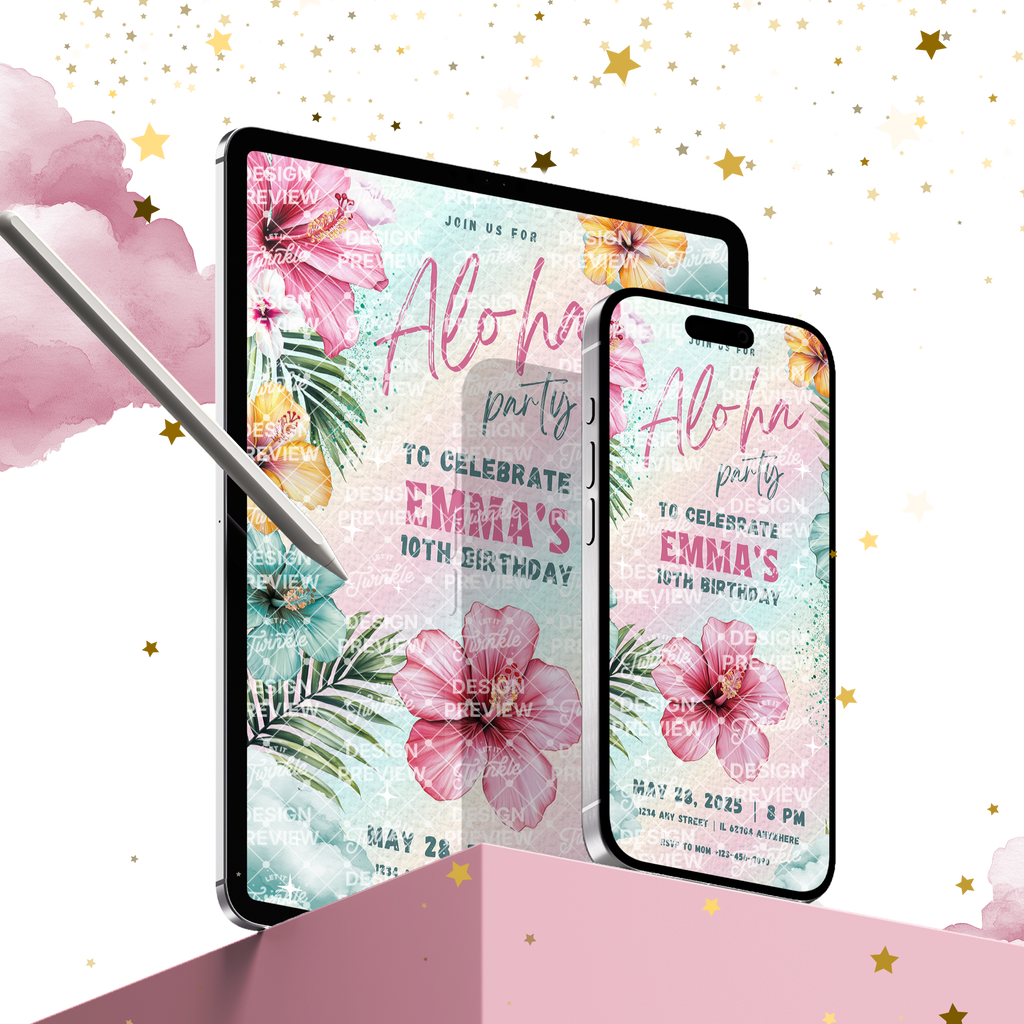 Aloha Birthday Invitation Template • Editable Canva Invitation • Pink & Turquoise