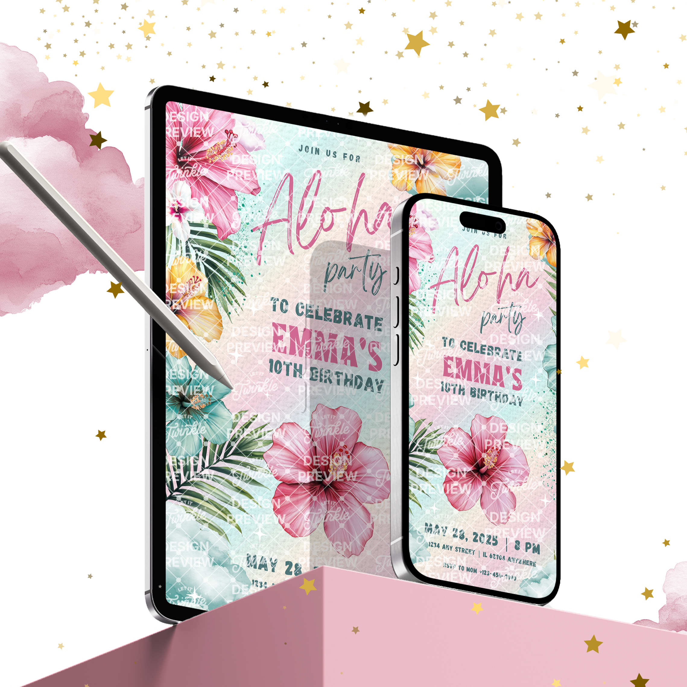 Aloha Birthday Invitation Template • Editable Canva Invitation • Pink & Turquoise