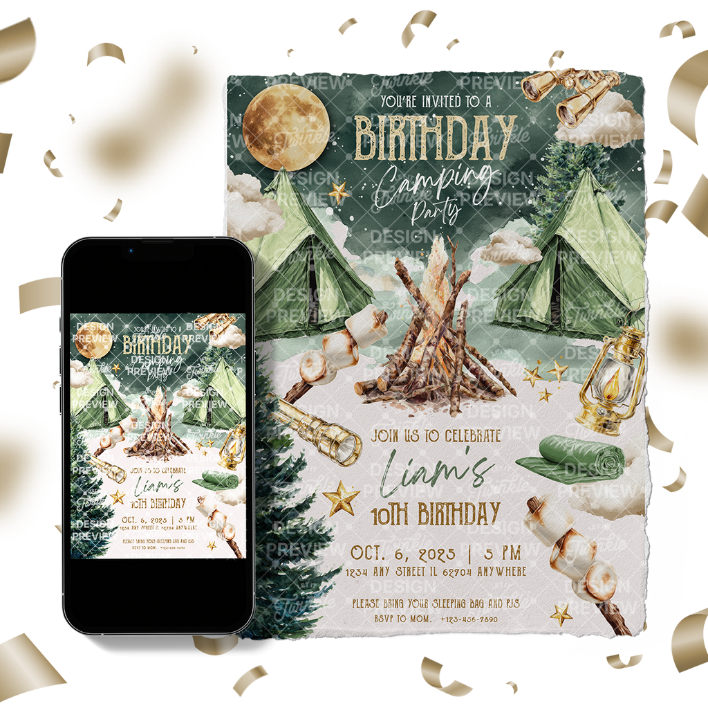 Camping Birthday Invitation Template • Editable Canva Invitation • Beige & Green