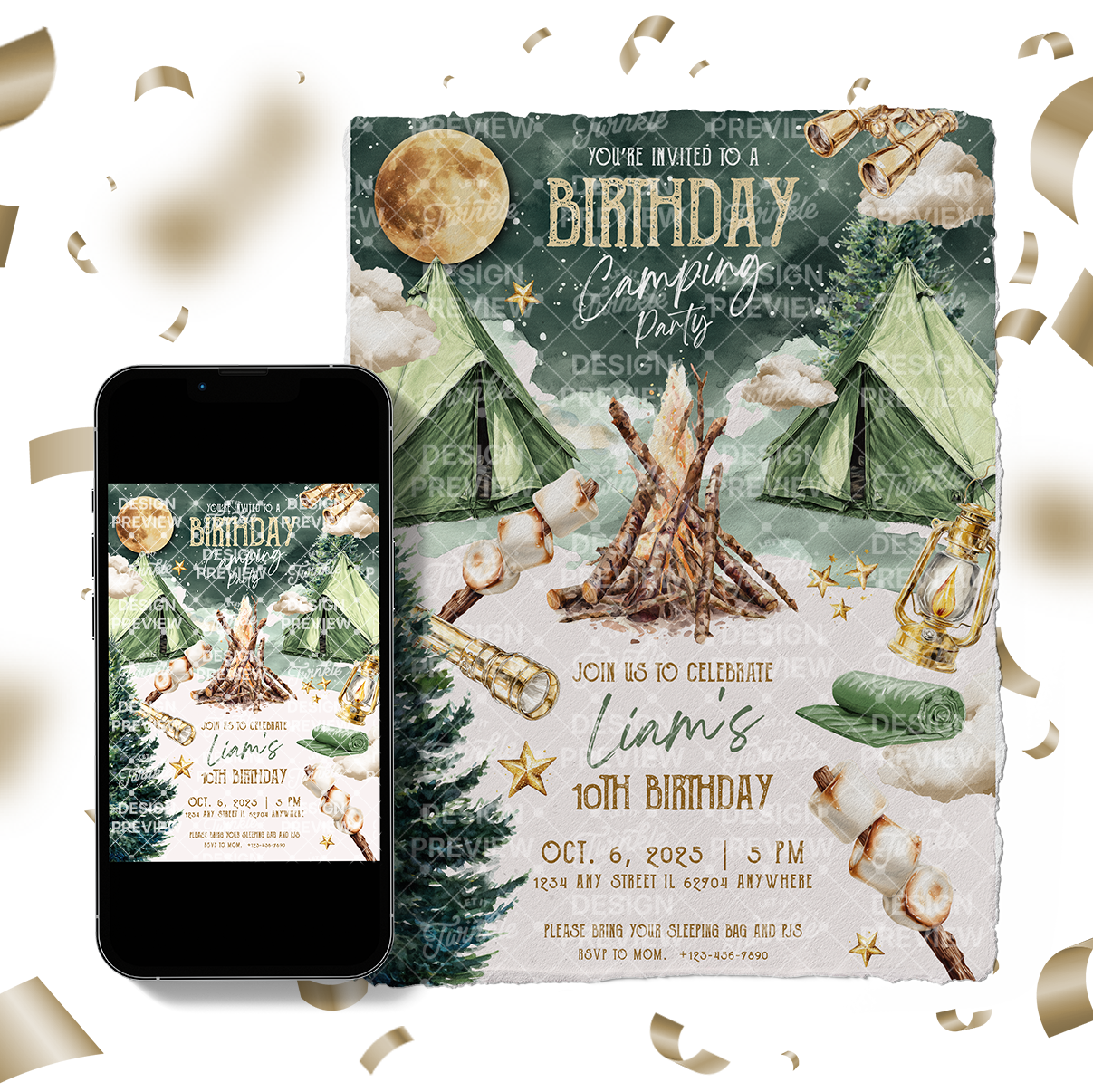 Camping Birthday Invitation Template • Editable Canva Invitation • Beige & Green