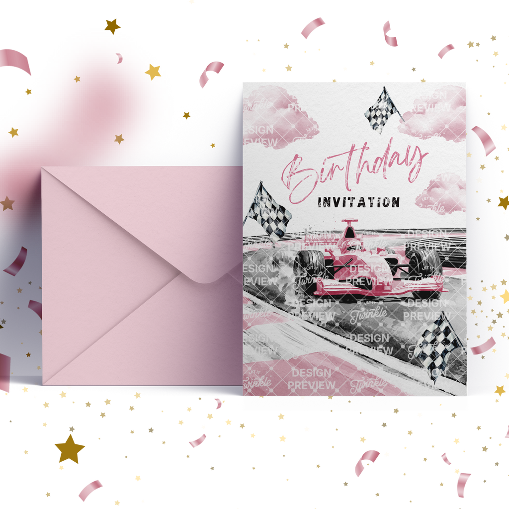 Race Car Birthday Invitation Template • Editable Canva Invitation • Pink & Gray