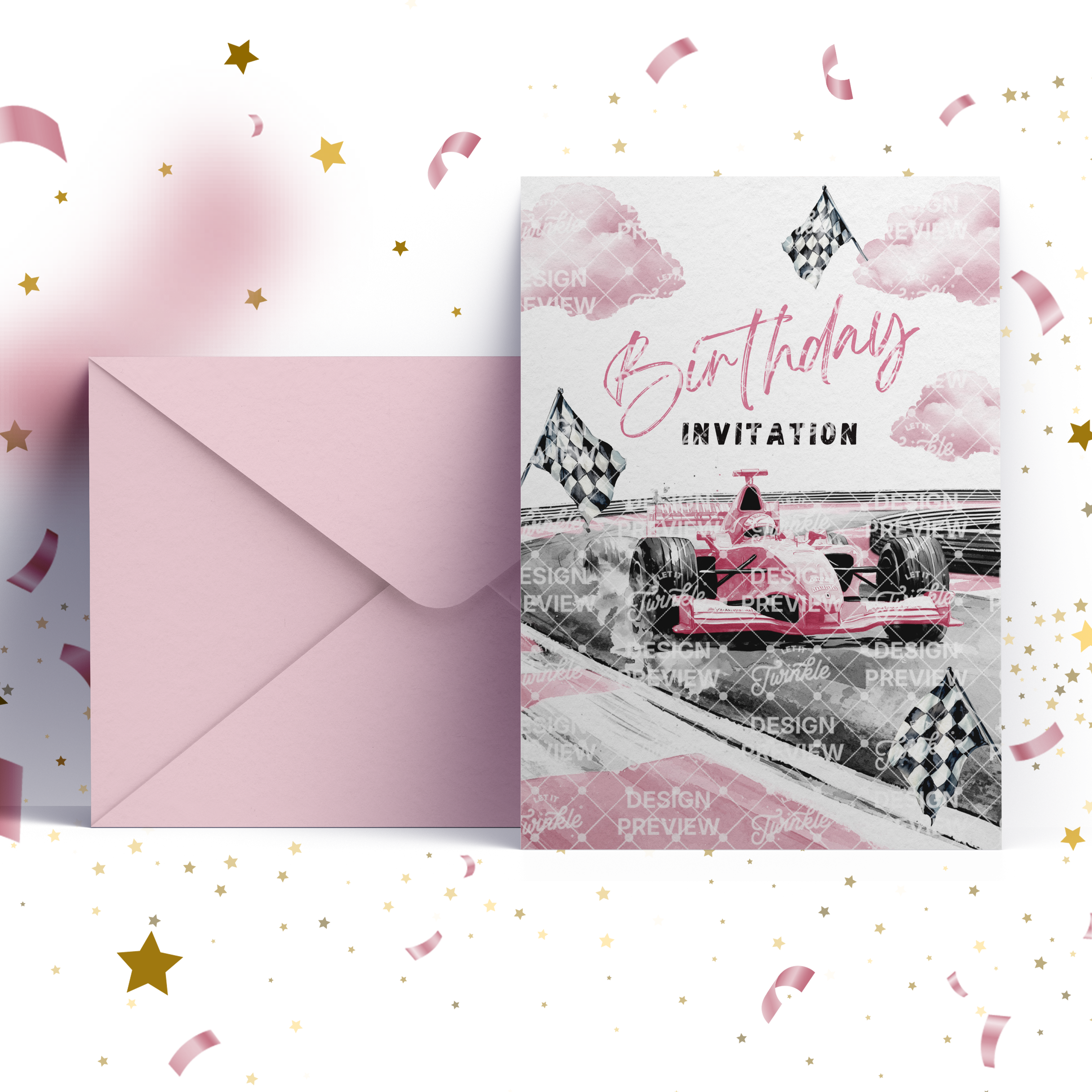 Race Car Birthday Invitation Template • Editable Canva Invitation • Pink & Gray
