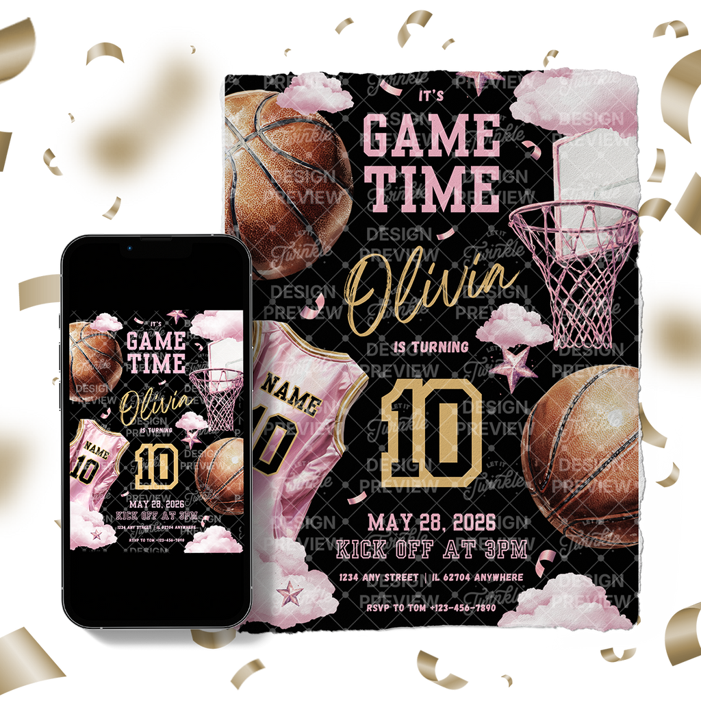 Basketball Birthday Invitation Template • Editable Canva Invitation • Pink & Black
