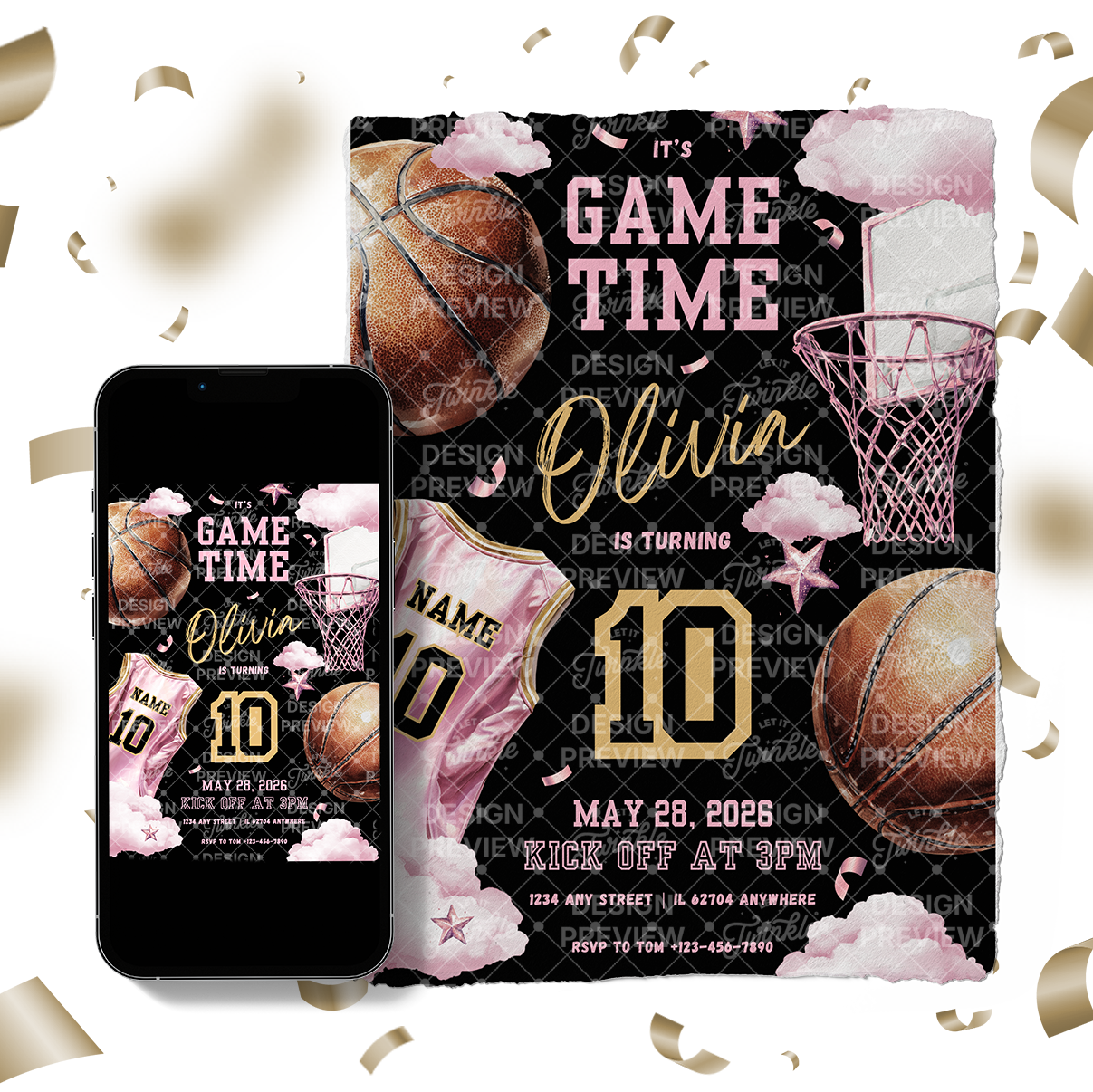 Basketball Birthday Invitation Template • Editable Canva Invitation • Pink & Black