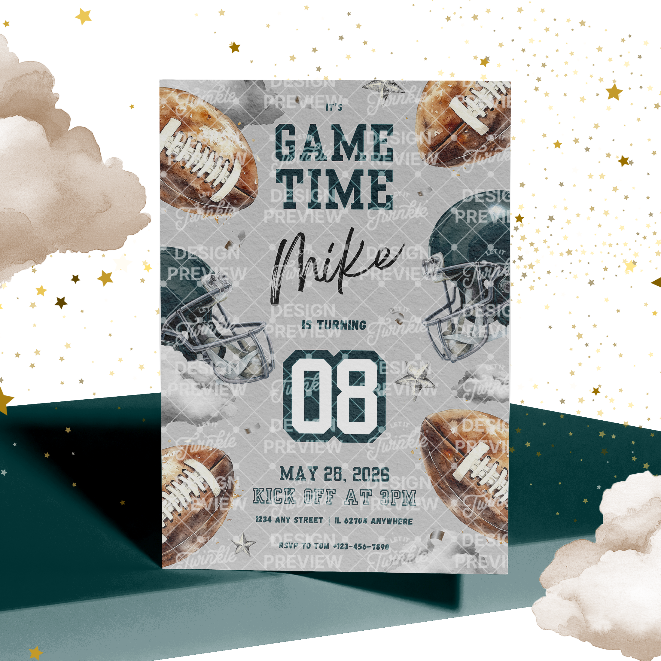 Football Birthday Invitation Template • Editable Canva Invitation • Gray & Dark Teal
