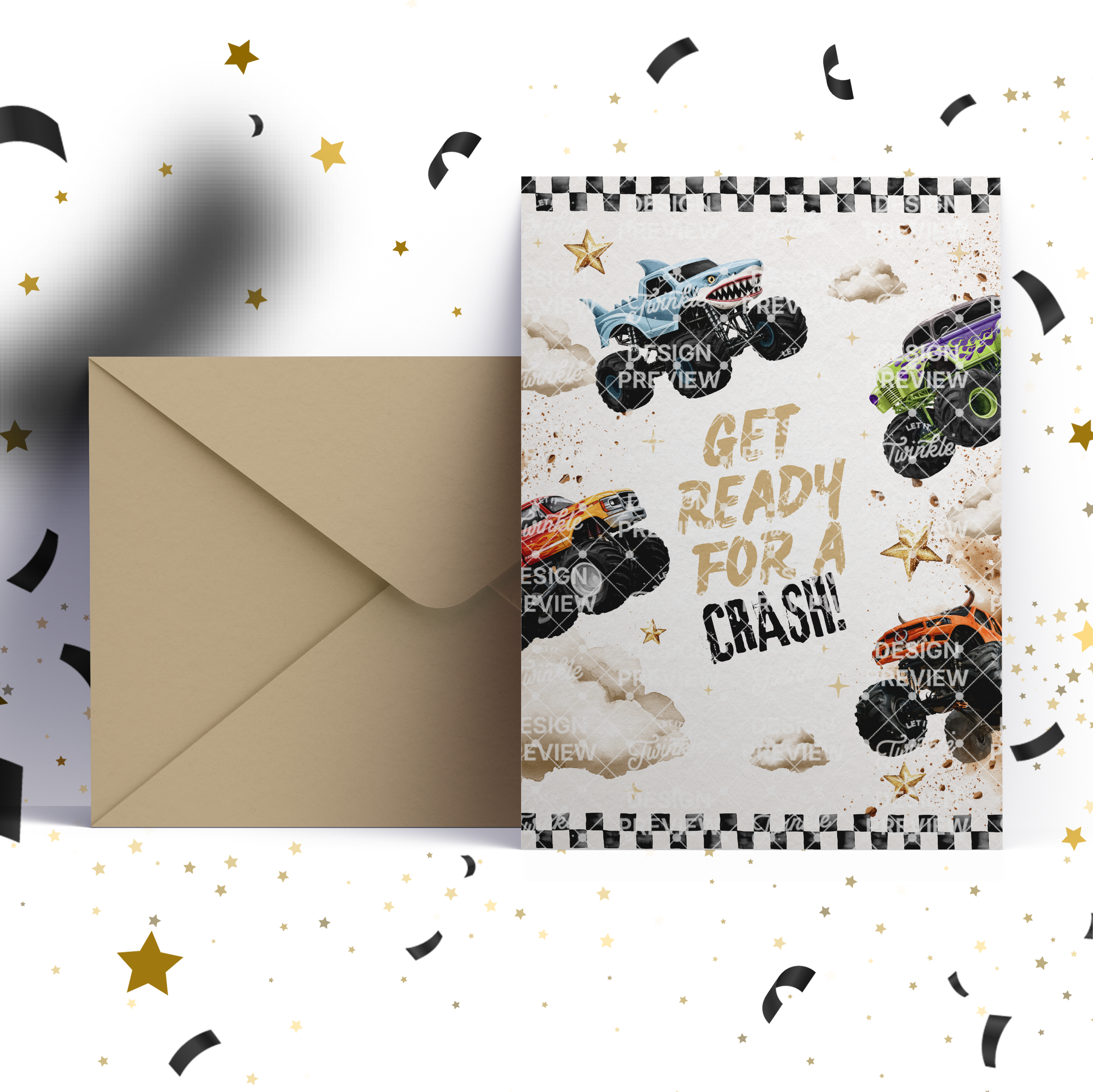 Monster Truck Bash Birthday Invitation Template • Editable Canva Invitation • Beige & Black