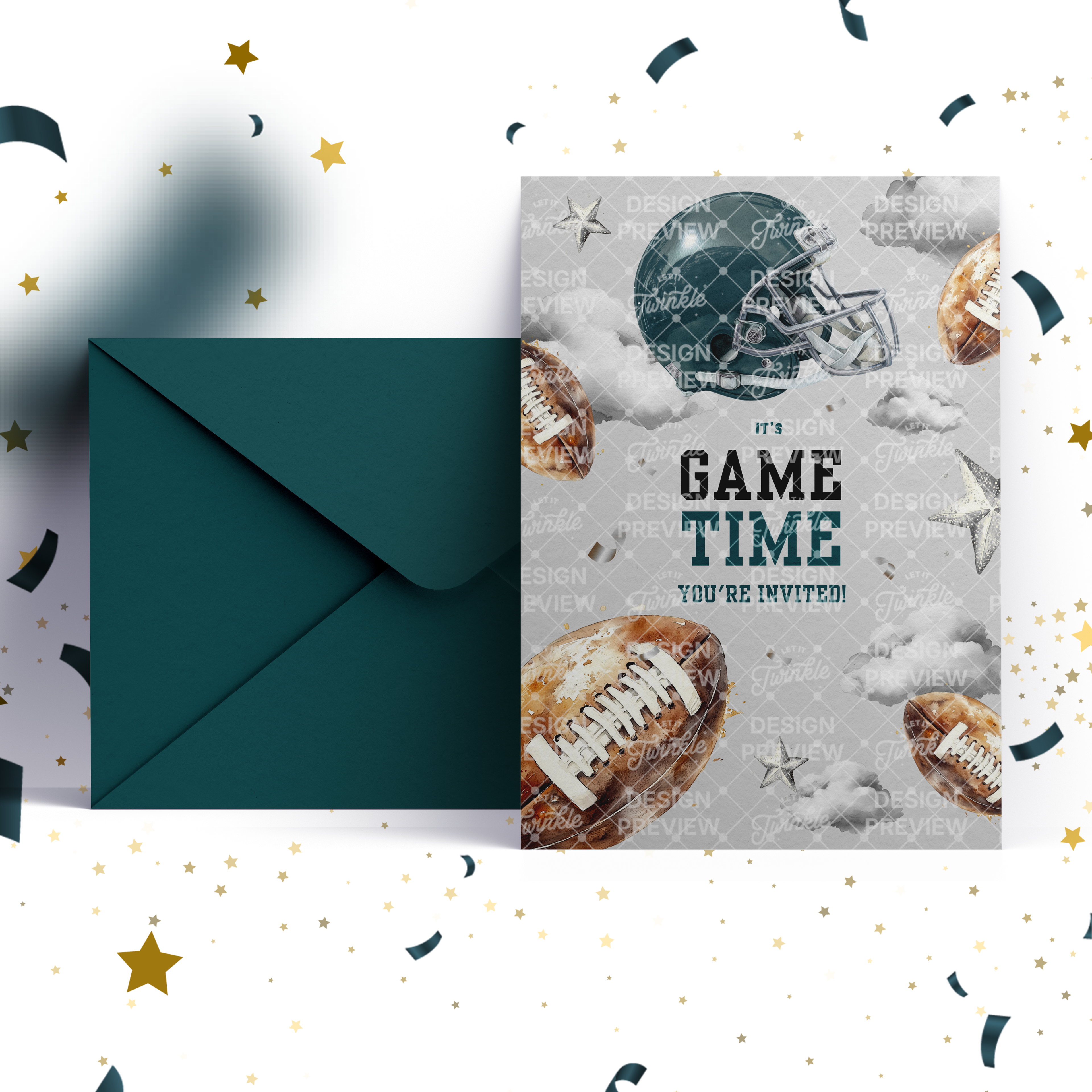 Football Birthday Invitation Template • Editable Canva Invitation • Gray & Dark Teal