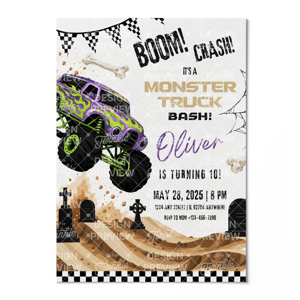 Monstertruck Geburtstagseinladung Lila & Blau