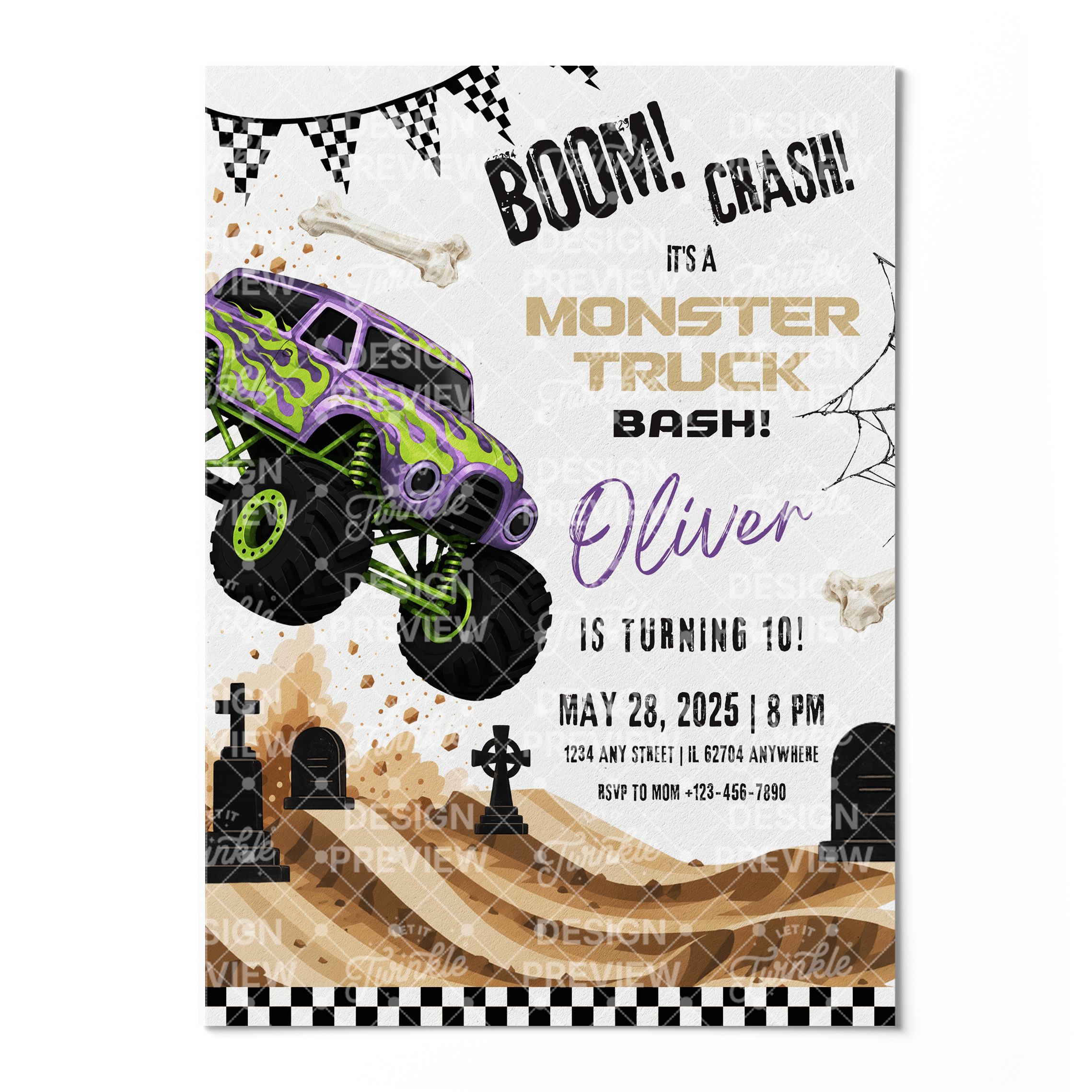 Monstertruck Geburtstagseinladung Lila & Blau