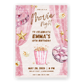 Vorlagen für Filmabend-Geburtstagseinladungen • Editierbare Canva-Einladung • Rosa & Gold