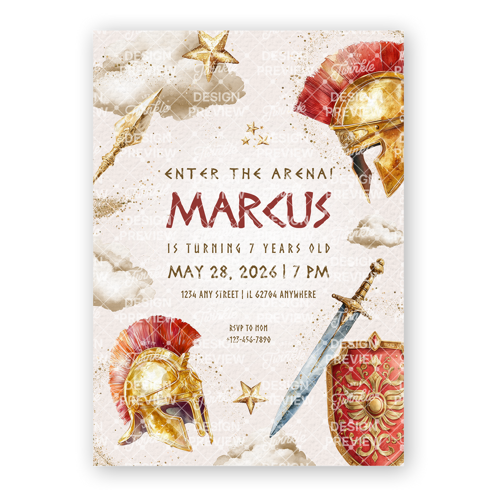 Gladiator Geburtstagseinladung Vorlage • Bearbeitbare Canva Einladung • Rot & Gold