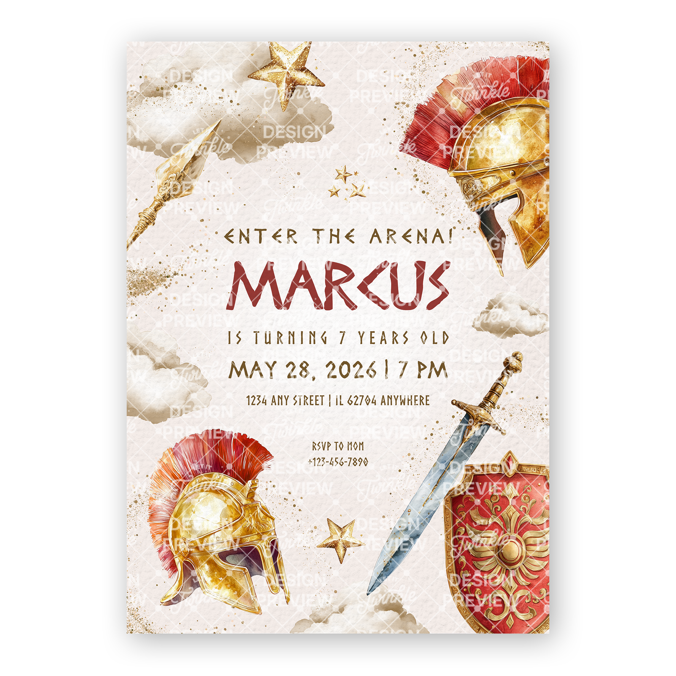 Gladiator Geburtstagseinladung Vorlage • Bearbeitbare Canva Einladung • Rot & Gold