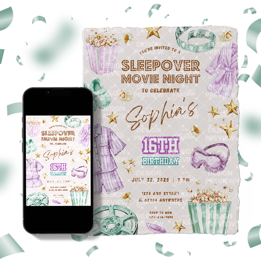 Sleepover Movie Night Birthday Invitation Template • Editable Canva Invitation • Purple & Turquoise