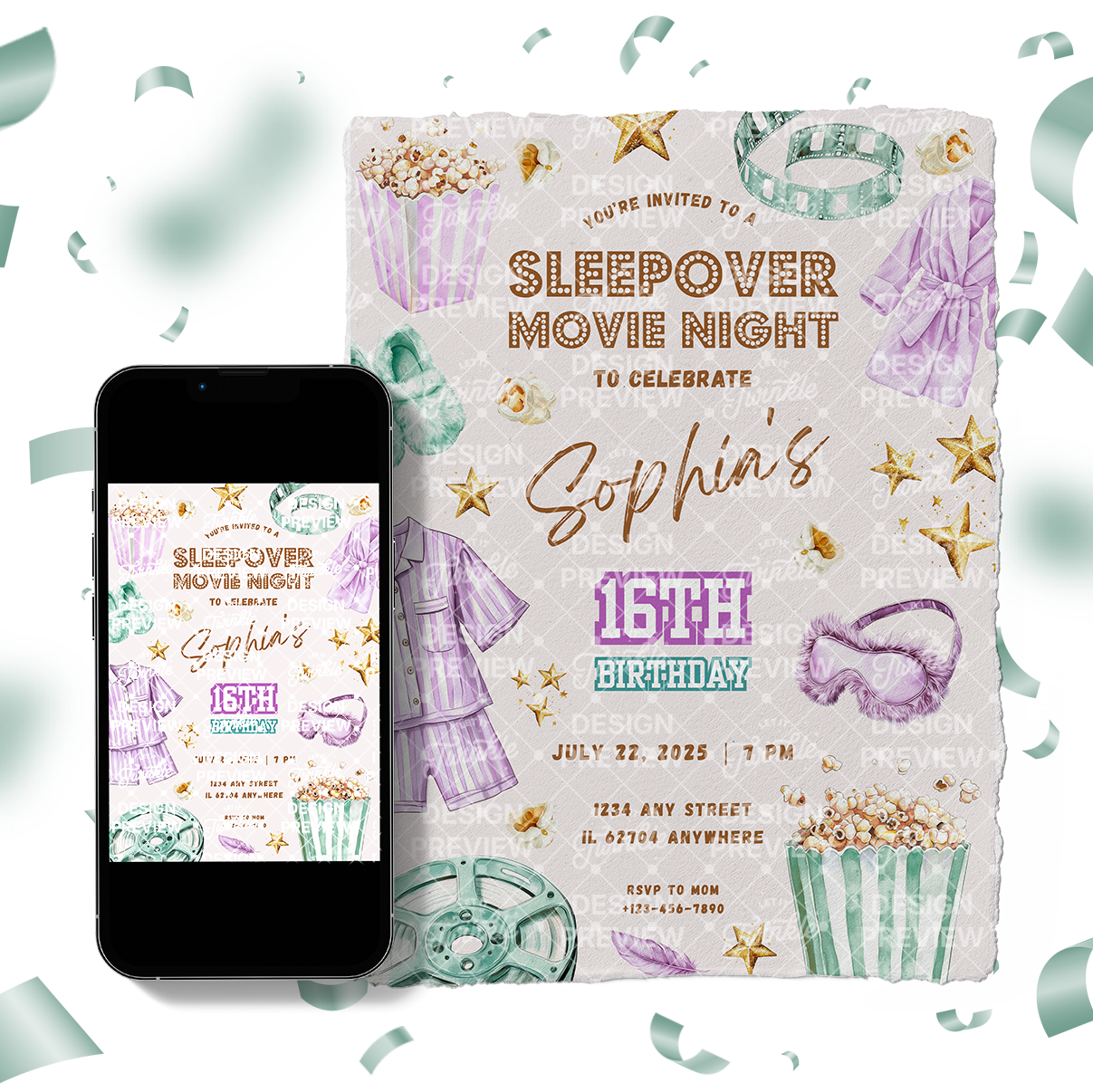 Sleepover Movie Night Birthday Invitation Template • Editable Canva Invitation • Purple & Turquoise