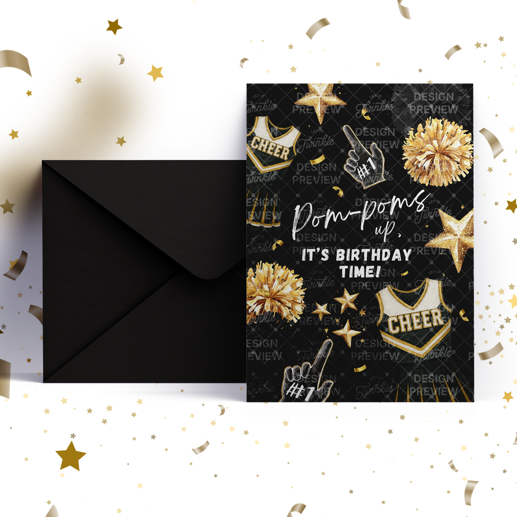 Cheerleader Birthday Invitation Template • Editable Canva Invitation • Black & Gold