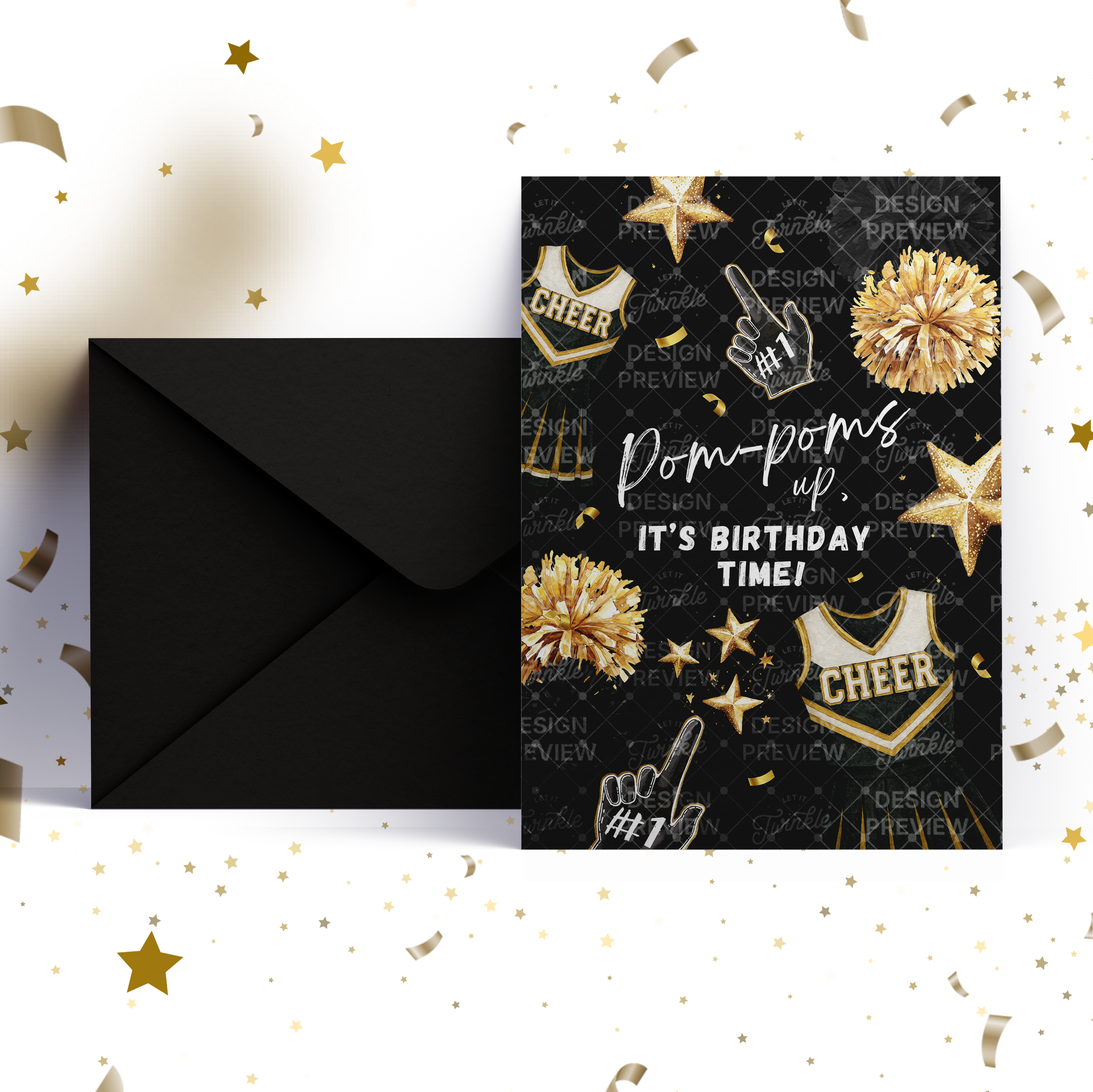 Cheerleader Birthday Invitation Template • Editable Canva Invitation • Black & Gold