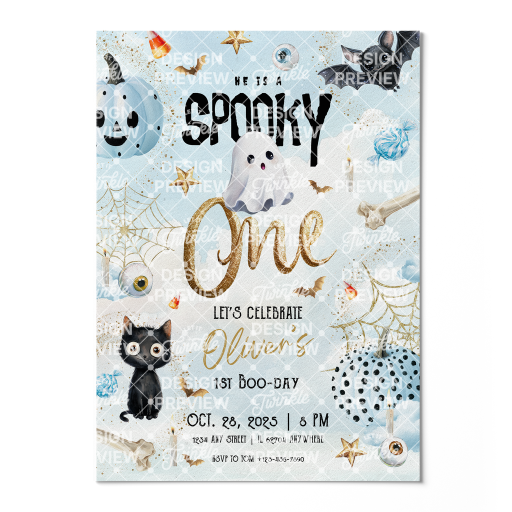Spooky One Halloween First Birthday Invitation Template • Editable Canva Invitation • Blue & Gold