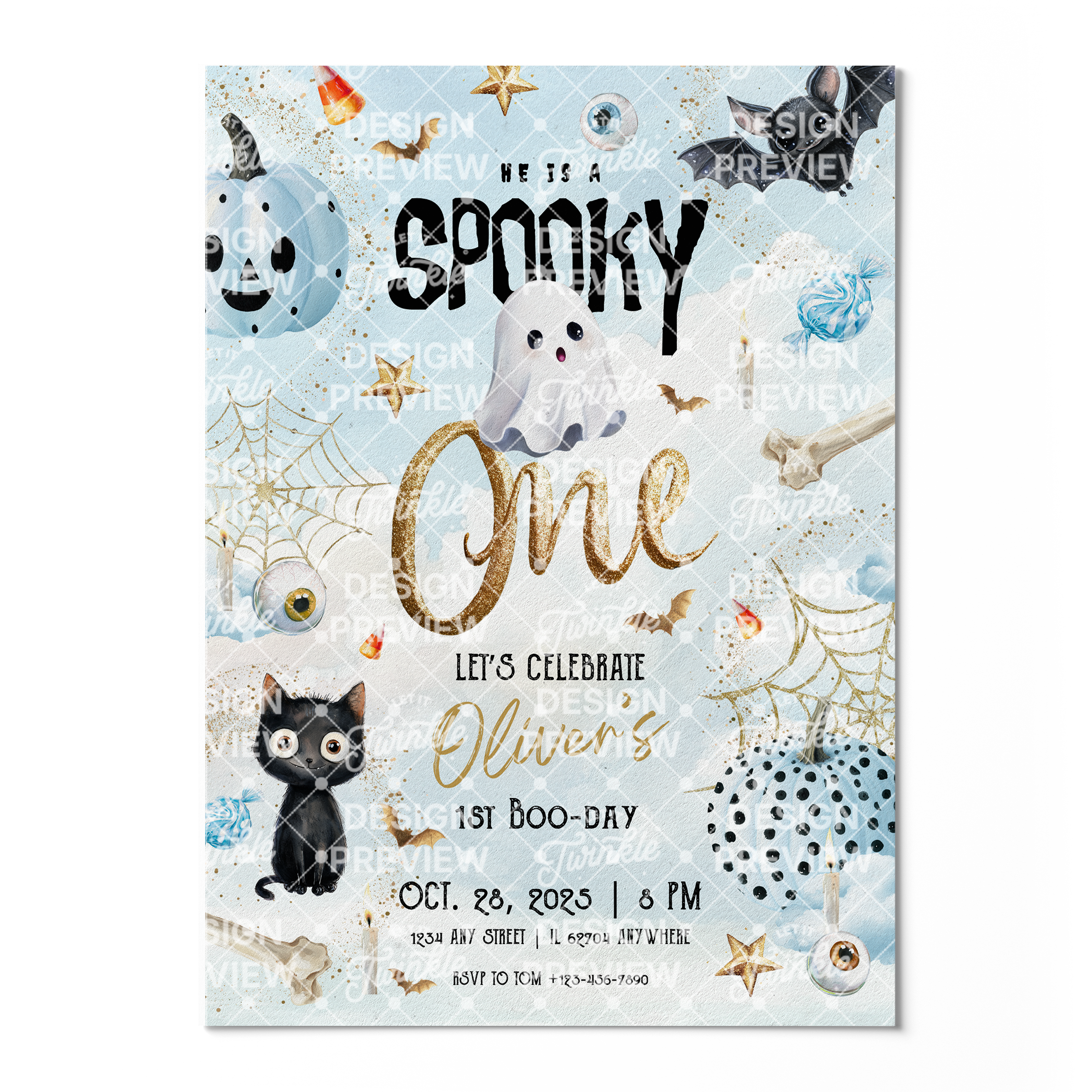 Spooky One Halloween First Birthday Invitation Template • Editable Canva Invitation • Blue & Gold