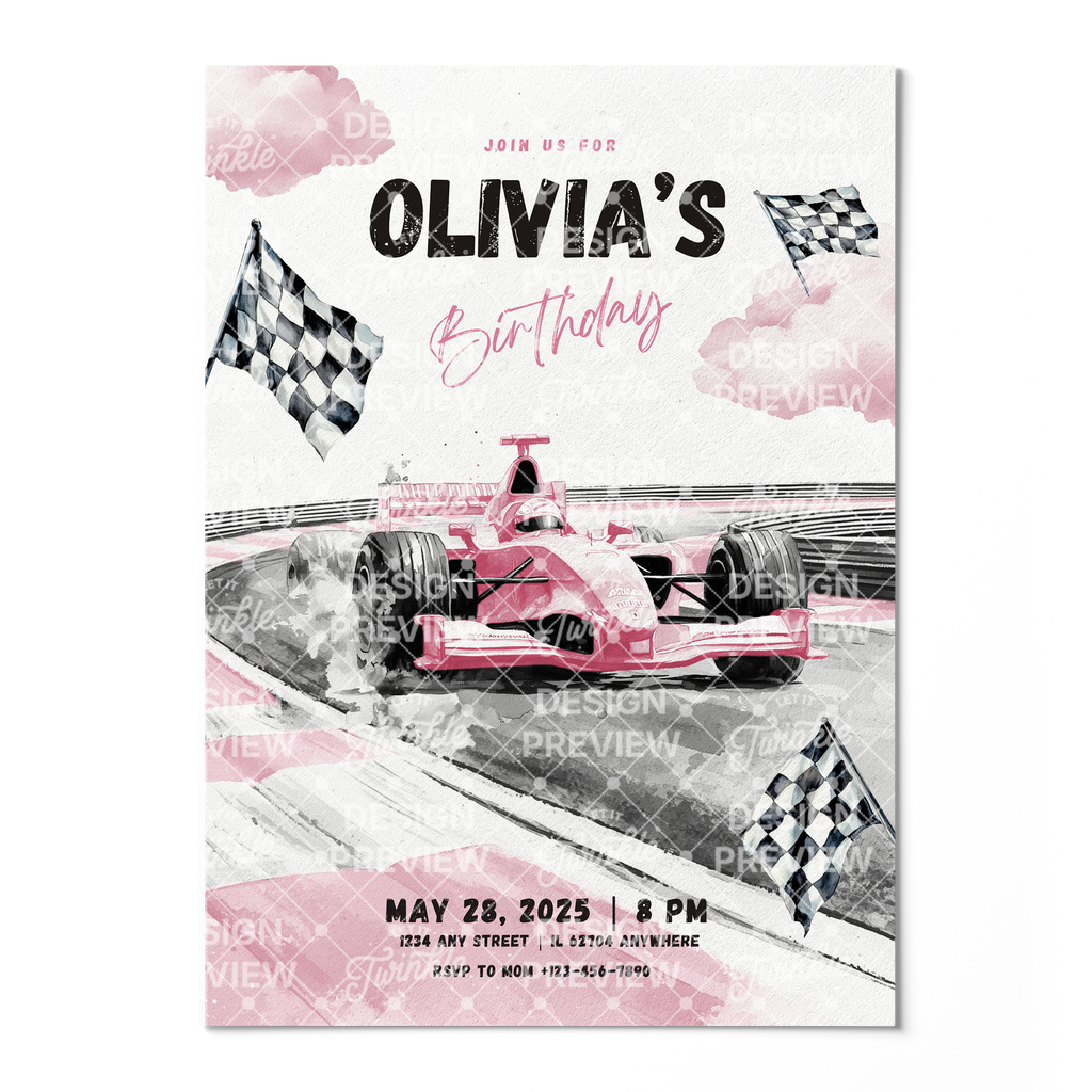 Race Car Birthday Invitation Template • Editable Canva Invitation • Pink & Gray