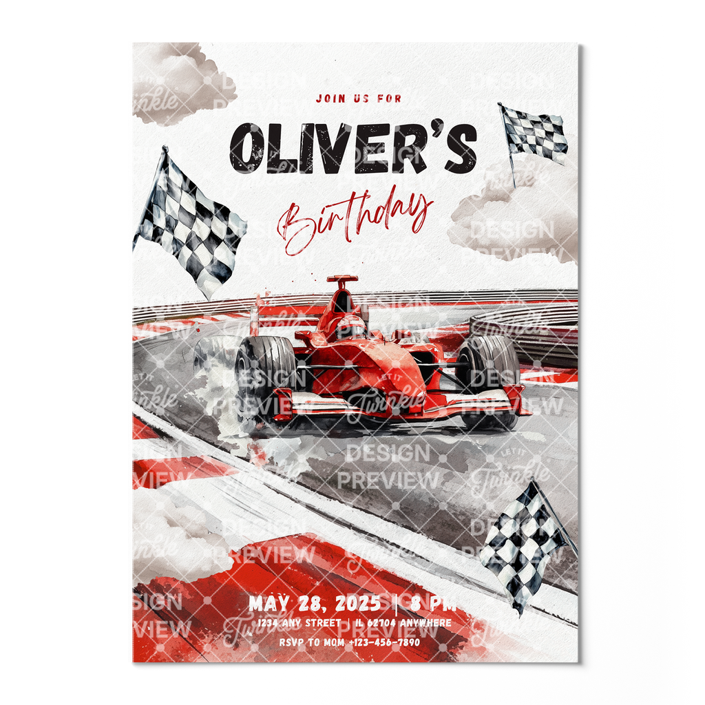 Race Car Birthday Invitation Template • Editable Canva Invitation • Red & Gray