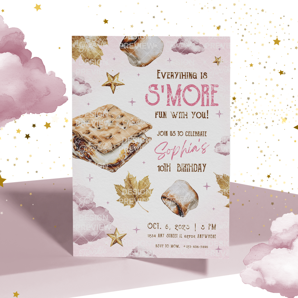 S'more Fun Birthday Invitation Template • Editable Canva Invitation • Pink & Gold