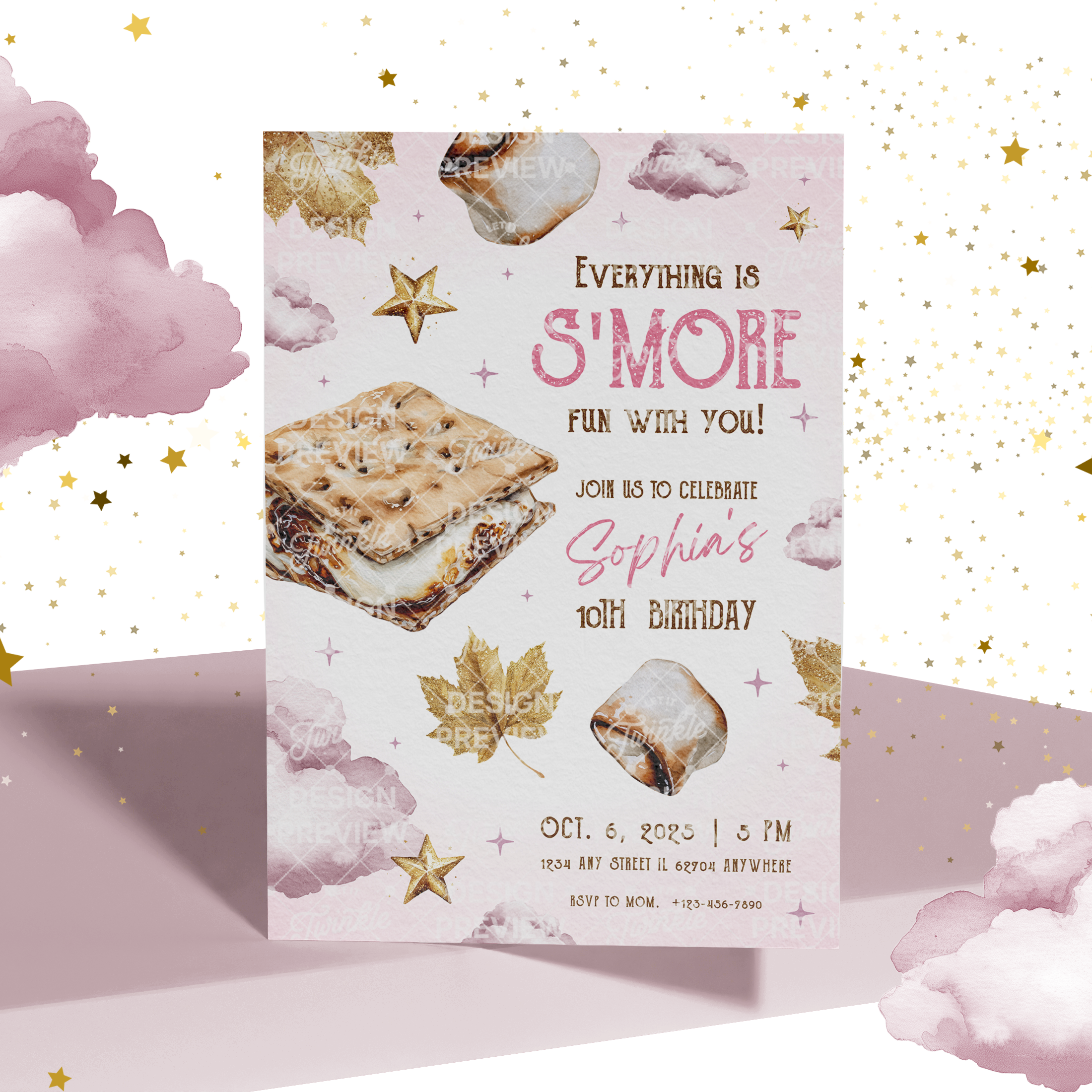 S'more Fun Birthday Invitation Template • Editable Canva Invitation • Pink & Gold