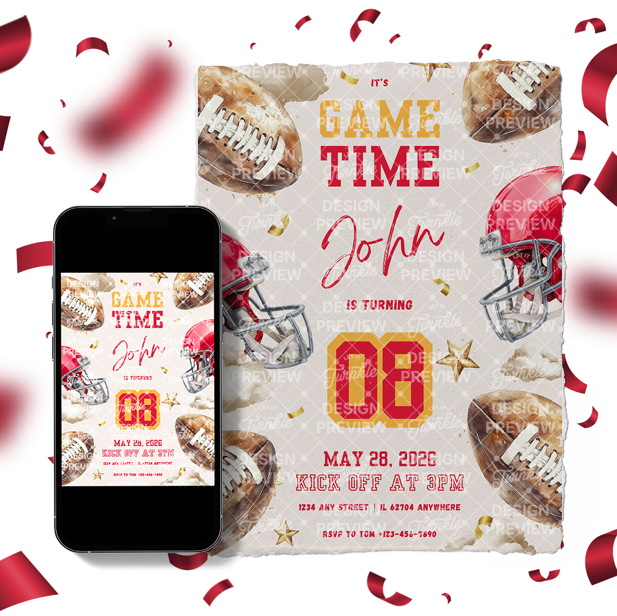 Football Birthday Invitation Template • Editable Canva Invitation • Red & Yellow